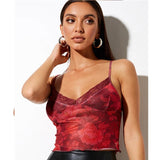 Nukty Sexy Slim Women Y2k Cami Summer Mesh/Knit E Girl Camisole Aesthetic Tank Top Floral/Cherry Print Streetwear Crop Tops