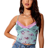 Nukty Sexy Slim Women Y2k Cami Summer Mesh/Knit E Girl Camisole Aesthetic Tank Top Floral/Cherry Print Streetwear Crop Tops