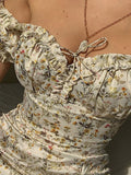 Summer Floral Off Shoulder Puff Sleeve Maxi Dress For Woman Robe Sexy Lace Up Side Split Chic Mid-Calf Aesthetic Dress