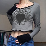 Autumn Fairy Grunge Crop Tops Y2K Graphic Casual T-shirt Women O Neck Long Sleeve Skinny Tees Slim Fit Pullovers Streetwear