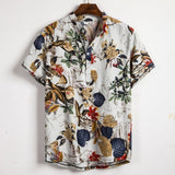 Linen Short Sleeve Shirt Men Summer Floral Loose Baggy Casual Hawaii Holiday Beach Shirt Tee Tops Buttons Blouse National Style