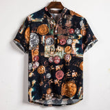 Linen Short Sleeve Shirt Men Summer Floral Loose Baggy Casual Hawaii Holiday Beach Shirt Tee Tops Buttons Blouse National Style