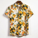 Linen Short Sleeve Shirt Men Summer Floral Loose Baggy Casual Hawaii Holiday Beach Shirt Tee Tops Buttons Blouse National Style