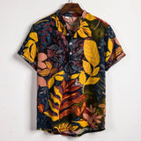 Linen Short Sleeve Shirt Men Summer Floral Loose Baggy Casual Hawaii Holiday Beach Shirt Tee Tops Buttons Blouse National Style