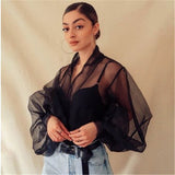 Nukty Shirts Women Blouse Female Fashion Long Puff Sleeve Solid Top Femme Casual Transparent Blusas Top Plus Size Womens Tunic