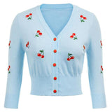 Women Jackets Cardigans Tops Autumn Spring Cherries Embroidery Jumpers 3/4 Sleeve V-Neck Cropped Knit Coats Knitwear