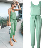 NUKTY  Sexy Sleeveless Solid Belt Jumpsuit Women Summer Casual Pocket Basic Long Romper Slim Beach Jumpsuits Trousers Overalls New