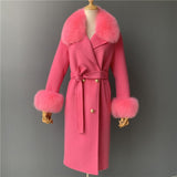 Women's Wool Coat Spring Real Fox Fur Collar Woolen Jacket Adjustable Waist Slim Ladies Long Overcoat