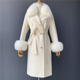 Women's Wool Coat Spring Real Fox Fur Collar Woolen Jacket Adjustable Waist Slim Ladies Long Overcoat