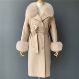 Women's Wool Coat Spring Real Fox Fur Collar Woolen Jacket Adjustable Waist Slim Ladies Long Overcoat