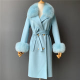 Women's Wool Coat Spring Real Fox Fur Collar Woolen Jacket Adjustable Waist Slim Ladies Long Overcoat