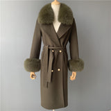 Women's Wool Coat Spring Real Fox Fur Collar Woolen Jacket Adjustable Waist Slim Ladies Long Overcoat