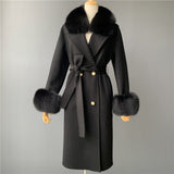 Women's Wool Coat Spring Real Fox Fur Collar Woolen Jacket Adjustable Waist Slim Ladies Long Overcoat