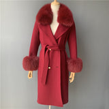 Women's Wool Coat Spring Real Fox Fur Collar Woolen Jacket Adjustable Waist Slim Ladies Long Overcoat