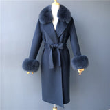 Women's Wool Coat Spring Real Fox Fur Collar Woolen Jacket Adjustable Waist Slim Ladies Long Overcoat