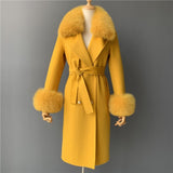 Women's Wool Coat Spring Real Fox Fur Collar Woolen Jacket Adjustable Waist Slim Ladies Long Overcoat