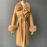 Women's Wool Coat Spring Real Fox Fur Collar Woolen Jacket Adjustable Waist Slim Ladies Long Overcoat