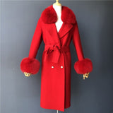 Women's Wool Coat Spring Real Fox Fur Collar Woolen Jacket Adjustable Waist Slim Ladies Long Overcoat