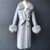 Women's Wool Coat Spring Real Fox Fur Collar Woolen Jacket Adjustable Waist Slim Ladies Long Overcoat