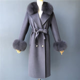 Women's Wool Coat Spring Real Fox Fur Collar Woolen Jacket Adjustable Waist Slim Ladies Long Overcoat