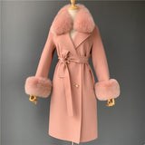 Women's Wool Coat Spring Real Fox Fur Collar Woolen Jacket Adjustable Waist Slim Ladies Long Overcoat