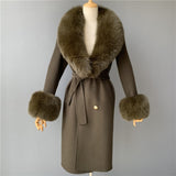 Women's Wool Coat Spring Real Fox Fur Collar Woolen Jacket Adjustable Waist Slim Ladies Long Overcoat