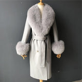 Women's Wool Coat Spring Real Fox Fur Collar Woolen Jacket Adjustable Waist Slim Ladies Long Overcoat