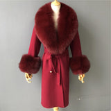 Women's Wool Coat Spring Real Fox Fur Collar Woolen Jacket Adjustable Waist Slim Ladies Long Overcoat