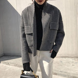 Autumn Winter Korea Fashion Women Loose Short Jacket Thicken Plaid Woolen Coats Double Pocket Cardigan Vintage Coat