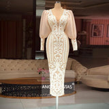 Long Sleeves Champagne Lace Arabic Evening Dress V Neck Robes De Soiree Longue