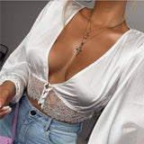 Sexy Summer Mesh Sheer Blouse Women Lady See-through Deep V Neck Lace Floral Crop Top Long Sleeve Top Shirt Blusa Street Clothes