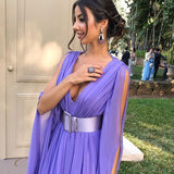 Elegant Chiffon Purple Formal Evening Dress Long Sleeves Floor Length Party Gown Deep V Neck Wide Sash Robe de Soiree