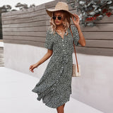 Beach Boho Summer Dress Shirt Floral Vintage High Waist Dresses Women Casual Loose Single-Breasted Midi Slim Elegant Robe