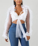 Summer Shirts Mesh Sheer See Through Ruffles Long Sleeve Crop Tops Deep V-neck Lace-up Blouses Party Outwear 3 Colors