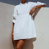 Muiches Casual Stand Collar Flare Sleeve Ruffles Mini Dress Woman Loose  High Waist Sweet Cotton White Holiday Dress  Summer