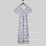 Fashion Boho Dress Long Dress Women Casual V Neck Short Sleeve Retro Print Belt Hem Beach Dresses Elegant Sundress Robe Femme