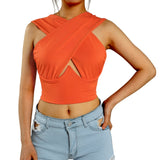 Women's Criss Cross Tank Tops Sexy Sleeveless Solid Color Cutout Front Crop Tops Party Club Streetwear Summer Lady Bustier Tops