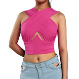 Women's Criss Cross Tank Tops Sexy Sleeveless Solid Color Cutout Front Crop Tops Party Club Streetwear Summer Lady Bustier Tops