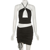 Beyprern Sleeveless Two Piece Outfits Backless Criss-Cross Crop Tops+Stacked Skirt Matching Set Sexy Women Solid Skinny Clubwear