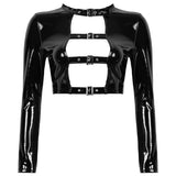 Female Womens Wet Look Fashion Tops Leather Rave Party Clubwear Hollow Out Front with Buckles Gothic Punk Moto Costume Crop Top