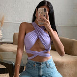 Summer Fashion Chic Halter Bandage Sexy Chain Crop Tops for Women Hollow Backless Cropped Wrap Top female Vest Streetwear