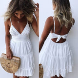 Summer Women Lace Mini Dress Sexy Backless V-neck Beach Dresses Halter Sleeveless Spaghetti Strap Ruffle Sundress White Dress