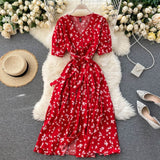 beach Red elegant sexy Dress women Summer Autumn V-neck polka dot midi dress waist split dress vestidos de fiesta clothes