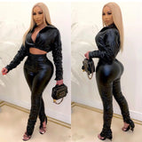 Sexy PU Faux Leather Two Piece Outfits for Women Birthday Night Club Matching Sets Crop Top Slit Stacked Pants Set Undefined