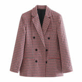 Foridol vintage plaid double breasted blazer jacket women khaki ladies business elegant blazer coat women autumn winter jacket