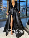 A-Line Sparkle Party Wear Formal Evening Dress V Neck Long Sleeve Floor Length Satin Sequin with Crystals Split