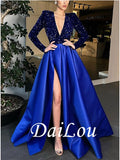 A-Line Sparkle Party Wear Formal Evening Dress V Neck Long Sleeve Floor Length Satin Sequin with Crystals Split