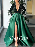 A-Line Sparkle Party Wear Formal Evening Dress V Neck Long Sleeve Floor Length Satin Sequin with Crystals Split