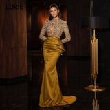 Arabic Evening Dresses Gold High Neck Beaded Long Sleeves Sequined Mermaid Prom Gown Party Dress abendkleider dubai