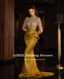 Arabic Evening Dresses Gold High Neck Beaded Long Sleeves Sequined Mermaid Prom Gown Party Dress abendkleider dubai